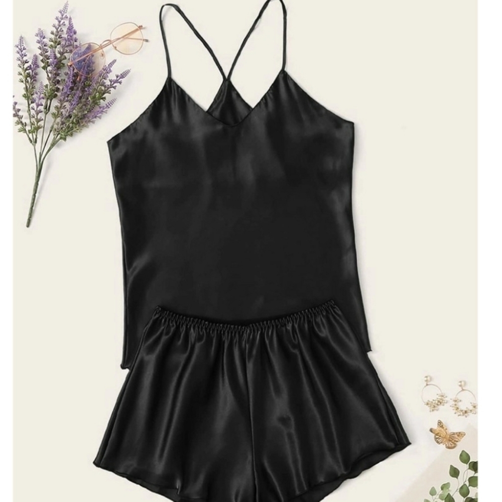 BLACK SATIN BABYDOLL NIGHTWEAR - Picture 1 of 5